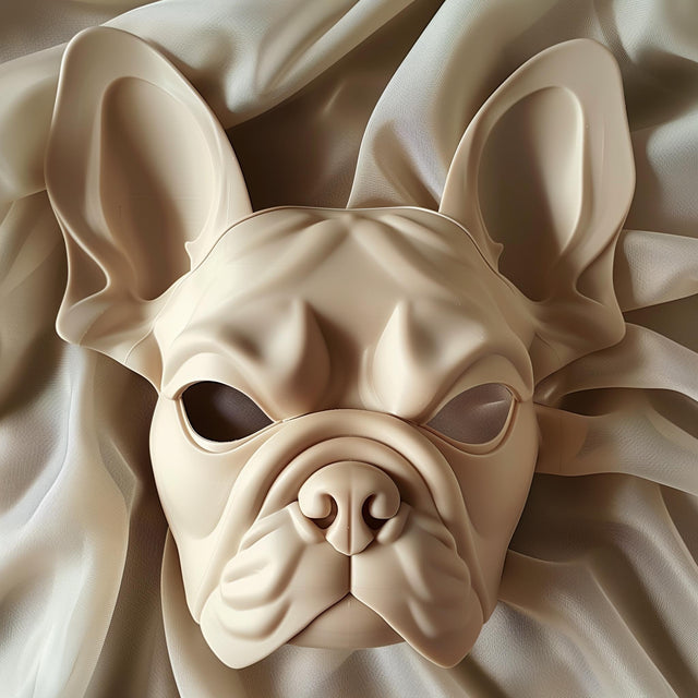 3D printed French bulldog mask made of matte beige PLA plastic, displayed on soft fabric background, modern animal art and cosplay accessory
