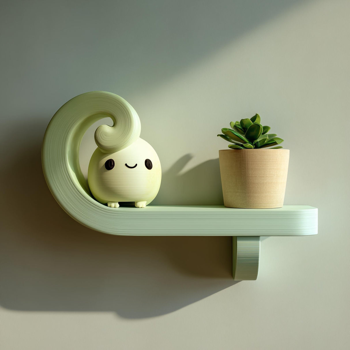 3D printed spiral wall shelf made of matte PLA plastic with a small figure and plant placed on top, mounted on an interior wall in soft natural light.