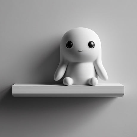 3D printed wall shelf with a seated bunny-like character on a slim ledge, made of matte PLA plastic and mounted on a smooth light-colored wall.