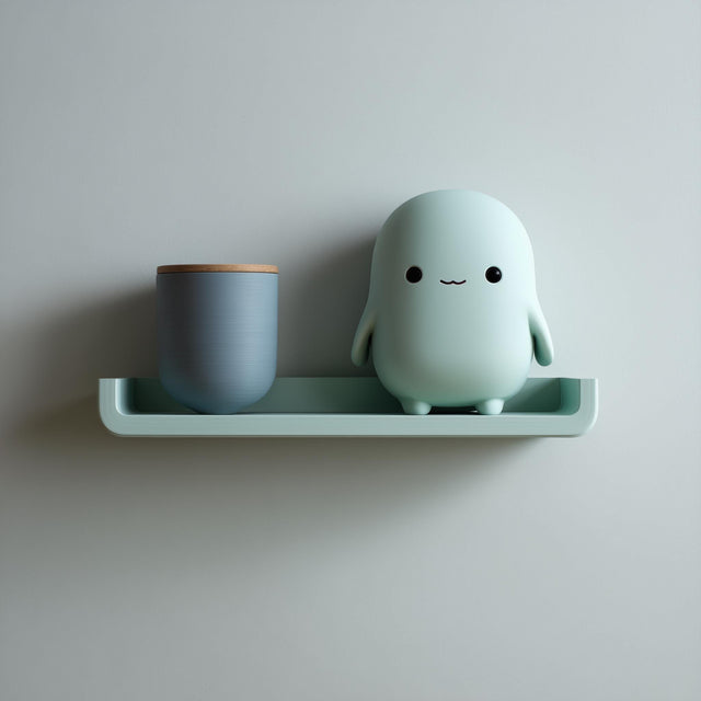 3D printed wall shelf with a slim rounded ledge holding a small blob-like character and a cup, made from matte PLA plastic and mounted on a light-colored wall.
