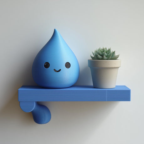 3D printed wall shelf with a small water drop character and a plant pot on a slim rectangular ledge, made from matte PLA plastic and mounted on a light wall.