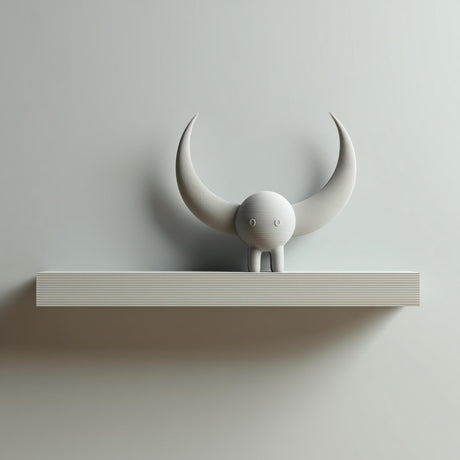 3D printed wall-mounted shelf with a small horned creature figure standing on a rectangular ledge against a light-colored wall.
