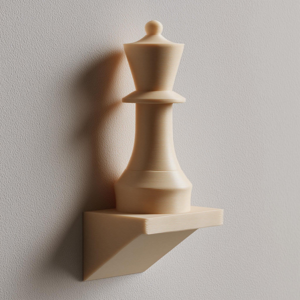 3D printed matte PLA wall-mounted chess piece with a small triangular base ledge, used as minimalist wall decor on a light wall.