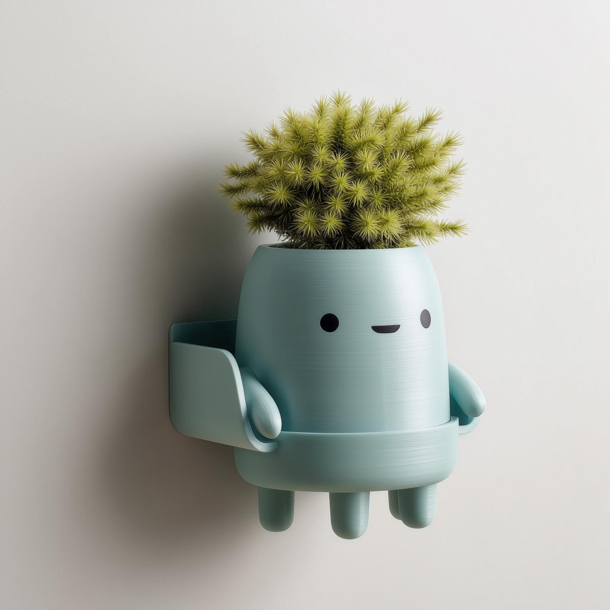 3D printed matte PLA wall planter shaped like a cute character with little legs, a round body used as a pot and a small side tray, mounted on a light wall.