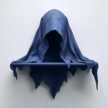3D printed matte PLA wall shelf shaped like a hooded cloaked wraith with a small straight ledge, mounted on a light-colored wall.