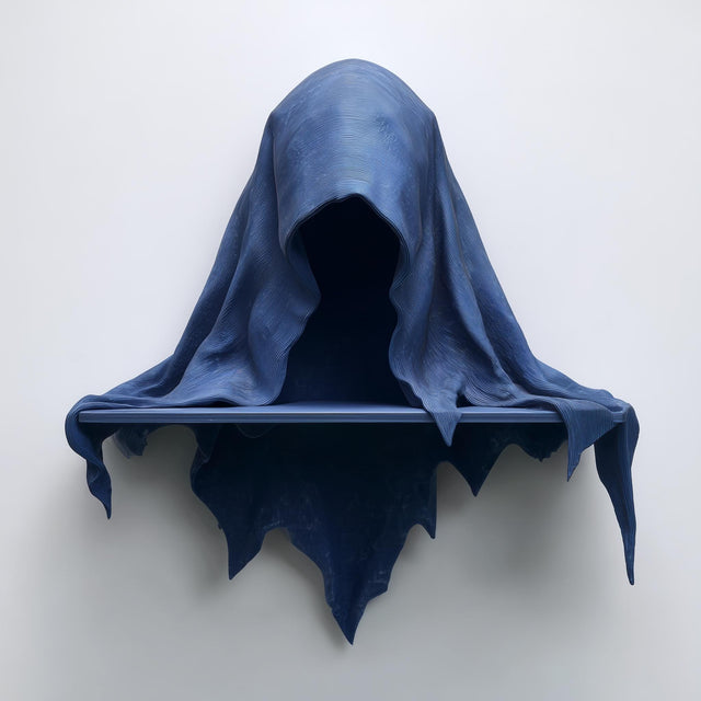 3D printed matte PLA wall shelf shaped like a hooded cloaked wraith with a small straight ledge, mounted on a light-colored wall.