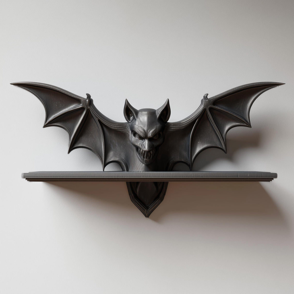3D printed gothic bat wall shelf with a wide-winged vampire bat supporting a small flat ledge, mounted on a light wall.