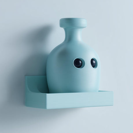 Cute 3D printed matte PLA wall shelf with an integrated kawaii potion bottle character, in soft pastel blue, mounted on a flat light-colored wall.