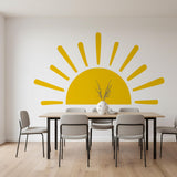 Minimalist yellow half-sun wall decal with stylized rays, suitable for a gender-neutral nursery, bohemian bedroom, or children's playroom decor.