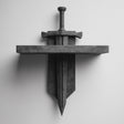 3D printed gothic wall shelf with a stone-like sword passing vertically through a flat shelf, the entire sword able to slide out from the top.
