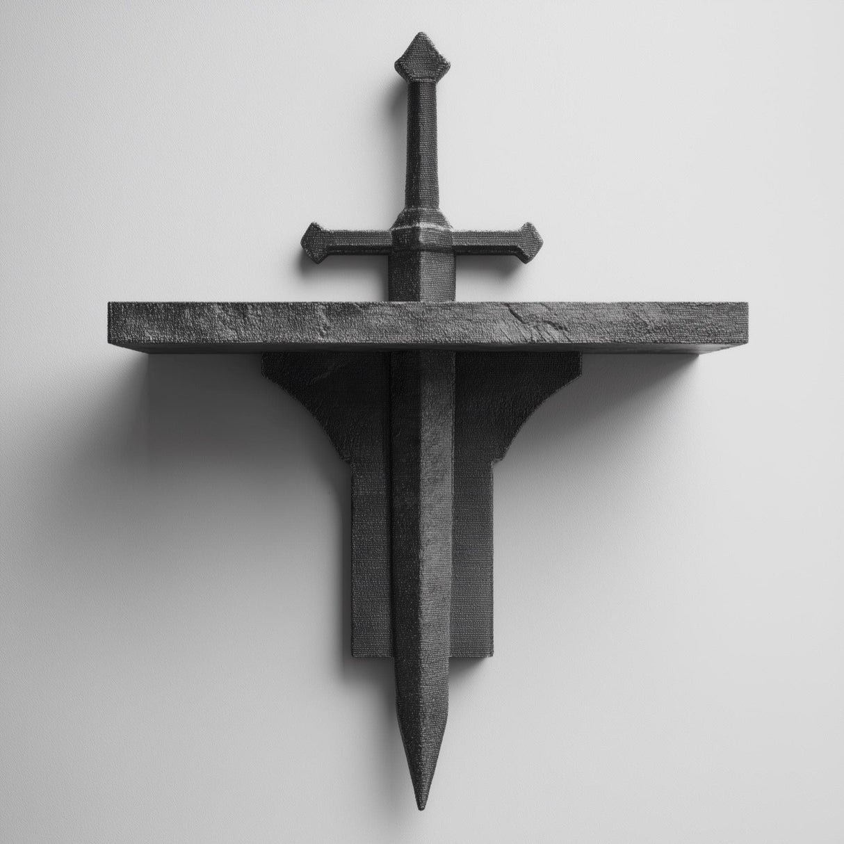 3D printed gothic wall shelf on a flat wall with a vertical sword passing through the center, the full decorative blade and hilt removable from the top.