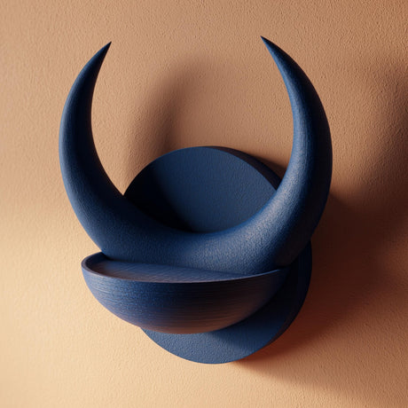 3D printed matte PLA wall shelf shaped like a round plaque with two large crescent horns forming a small bowl, mounted on a warm-toned wall.