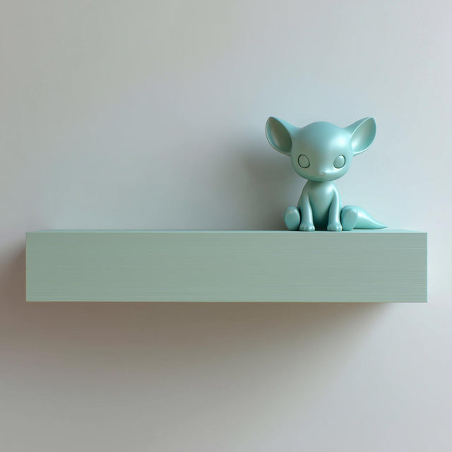 3D printed wall-mounted shelf with a smooth rectangular ledge and an integrated minimalist fantasy fox figure sitting on one end against a light wall.
