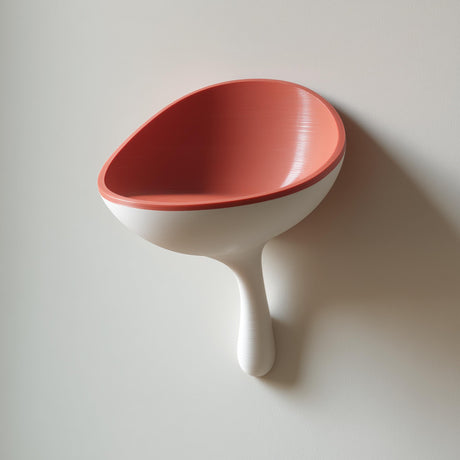 3D printed scoop-shaped wall shelf with a rounded stem support, used as a modern catchall bowl for small items on a light-colored wall.