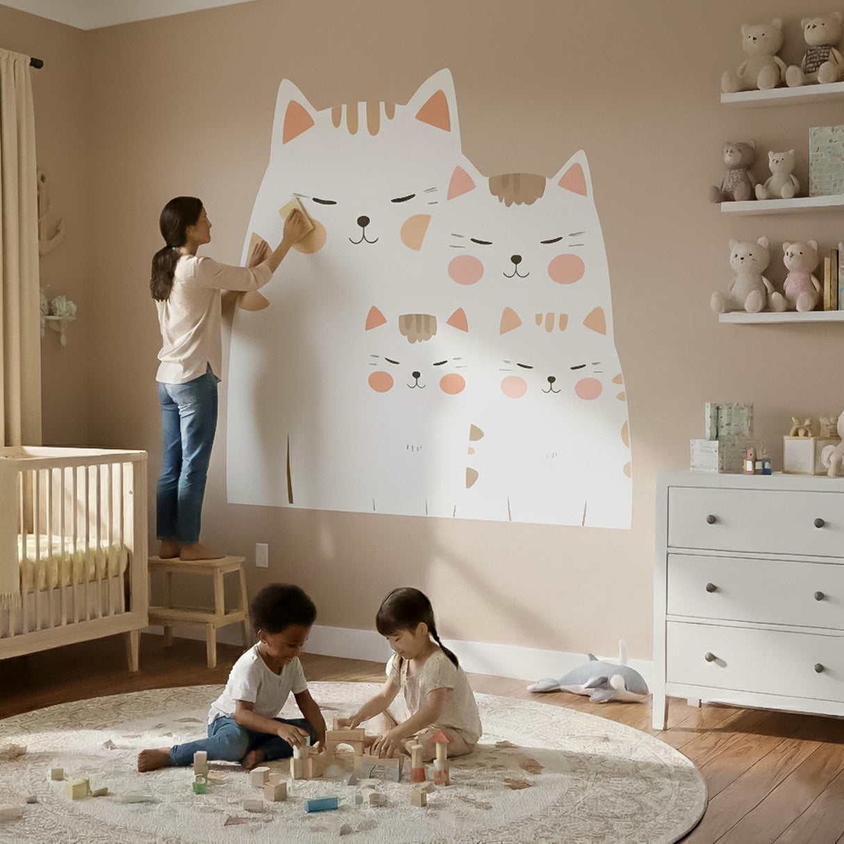 Cute Cat Family Wall Decal | Nursery Animal Sticker