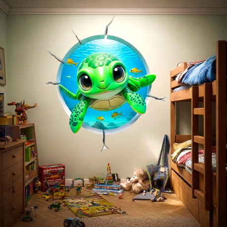 3D wall decal showing a circular crack in a white wall with a view into a bright blue ocean featuring a cute green sea turtle and small yellow fish