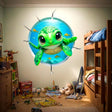 3D wall decal showing a circular crack in a white wall with a view into a bright blue ocean featuring a cute green sea turtle and small yellow fish