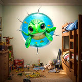 3D wall decal showing a circular crack in a white wall with a view into a bright blue ocean featuring a cute green sea turtle and small yellow fish