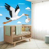 Stork With Baby Wall Decal | Nursery Sticker | Newborn Arrival Gift | New Parent Decor | Cartoon Bird Mural | Kids Room Graphic | Flying Art
