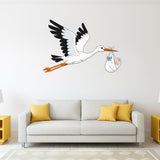 Stork With Baby Wall Decal | Nursery Sticker | Newborn Arrival Gift | New Parent Decor | Cartoon Bird Mural | Kids Room Graphic | Flying Art