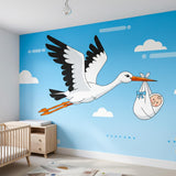 Stork With Baby Wall Decal | Nursery Sticker | Newborn Arrival Gift | New Parent Decor | Cartoon Bird Mural | Kids Room Graphic | Flying Art