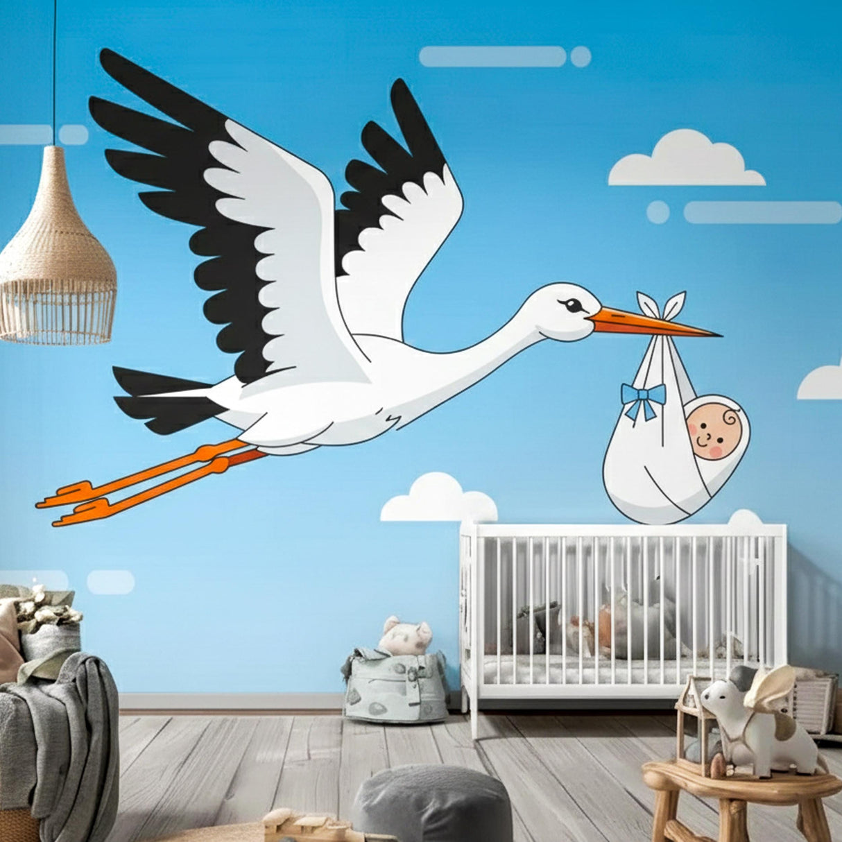 Stork With Baby Wall Decal | Nursery Sticker | Newborn Arrival Gift | New Parent Decor | Cartoon Bird Mural | Kids Room Graphic | Flying Art
