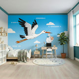 Stork With Baby Wall Decal | Nursery Sticker | Newborn Arrival Gift | New Parent Decor | Cartoon Bird Mural | Kids Room Graphic | Flying Art