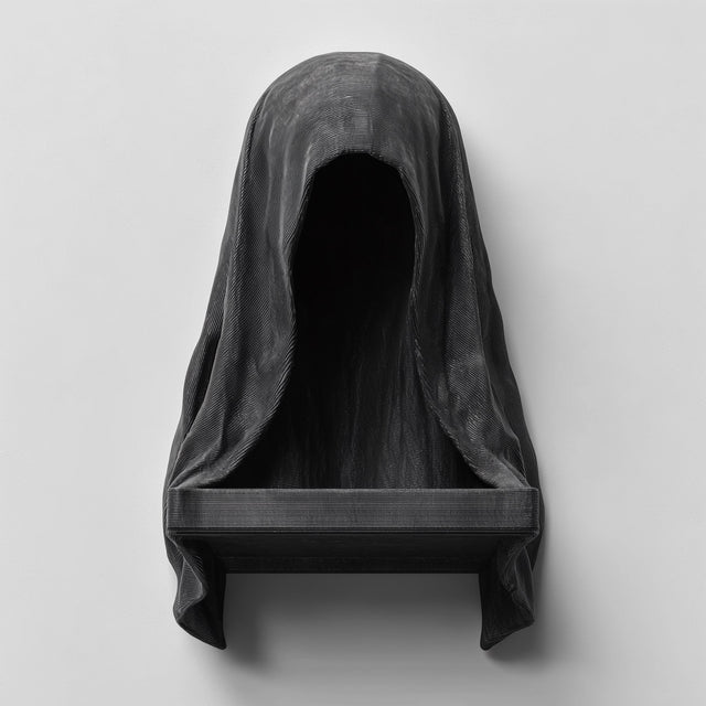 3D printed matte black wall shelf shaped like a hooded cloaked figure with a dark empty face and a small ledge at the bottom, mounted on a light wall.