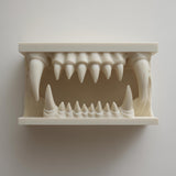 3D printed matte PLA wall shelf shaped like a wide monster jaw with upper and lower fangs forming a small display nook in the mouth.