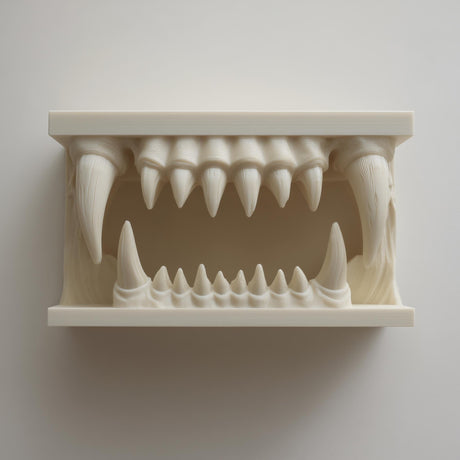 3D printed matte PLA wall shelf shaped like a wide monster jaw with upper and lower fangs forming a small display nook in the mouth.