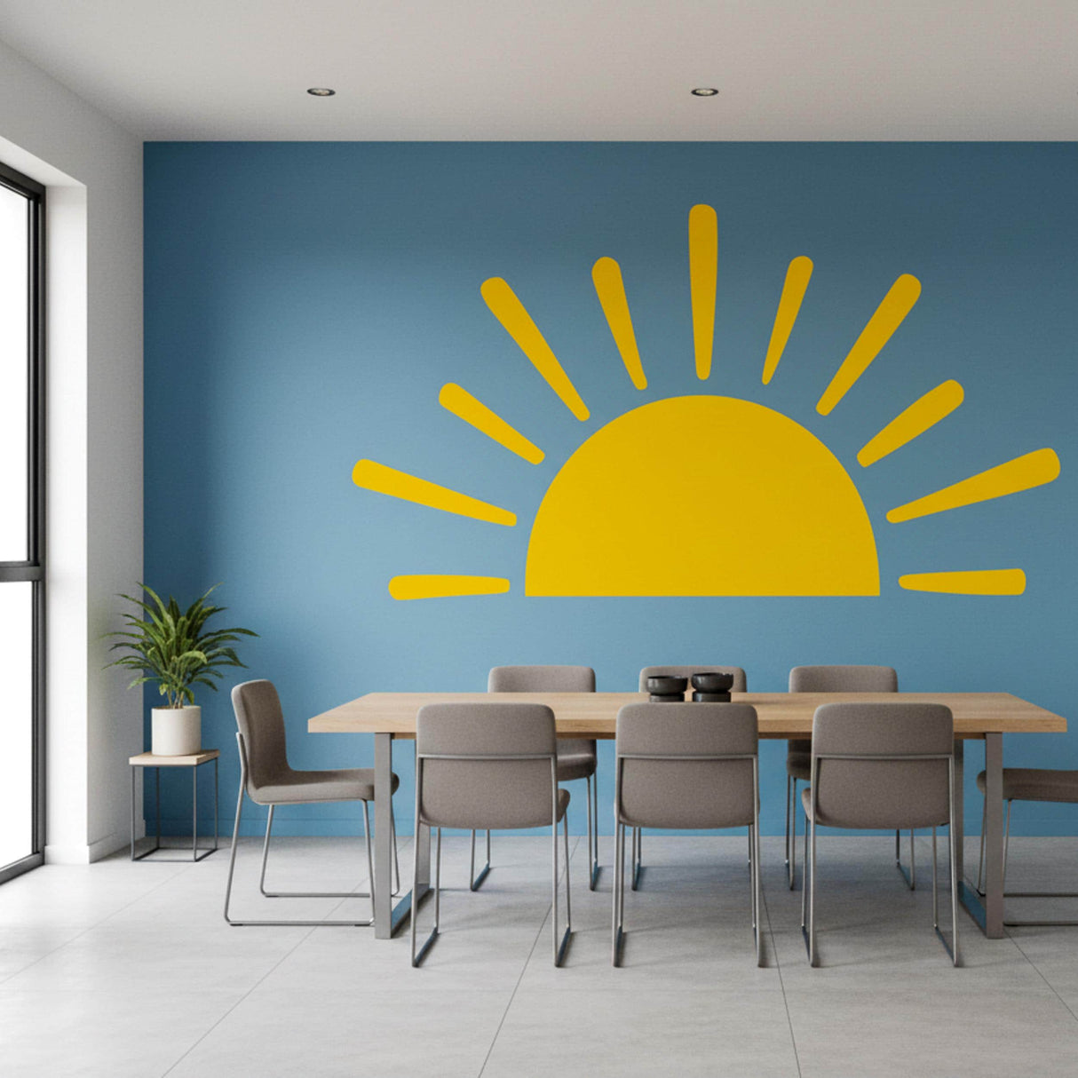 Minimalist yellow half-sun wall decal with stylized rays, suitable for a gender-neutral nursery, bohemian bedroom, or children's playroom decor.
