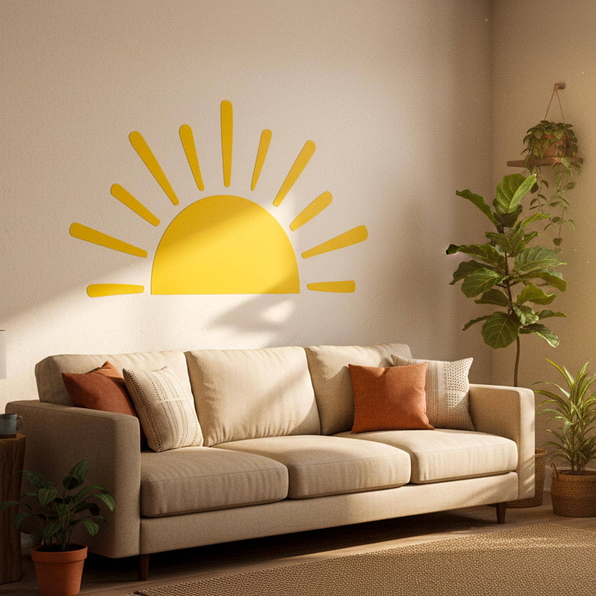 Minimalist yellow half-sun wall decal with stylized rays, suitable for a gender-neutral nursery, bohemian bedroom, or children's playroom decor.