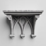 3D printed gothic wall shelf with three pointed arches and a flat top ledge, mounted on a light-colored wall.