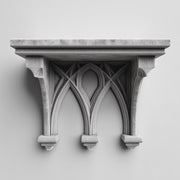 3D printed gothic wall shelf with three pointed arches and a flat top ledge, mounted on a light-colored wall.