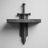 3D printed gothic wall shelf with a stone-like plastic sword sliding vertically through the center, blade pointing down and hilt above the floating shelf.