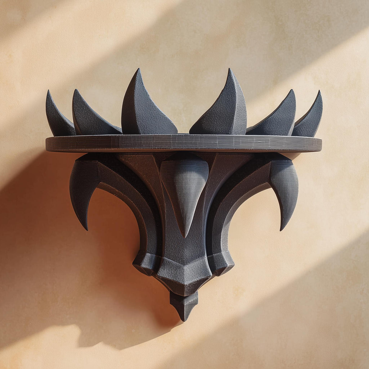 3D printed dark fantasy wall shelf with curved spikes like a black crown, mounted on a warm beige wall in natural light.