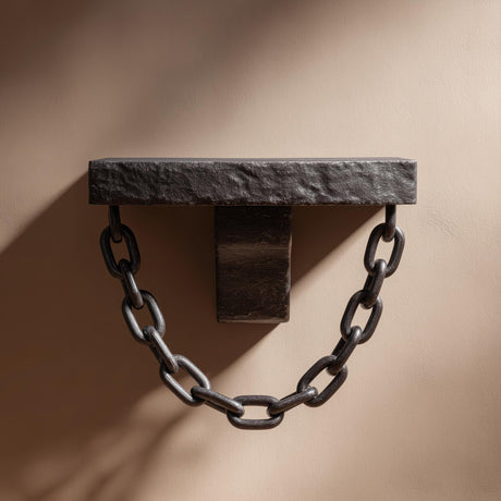 3D printed dark gothic wall shelf with a single hanging chain forming a curve beneath a stone-look rectangular ledge.