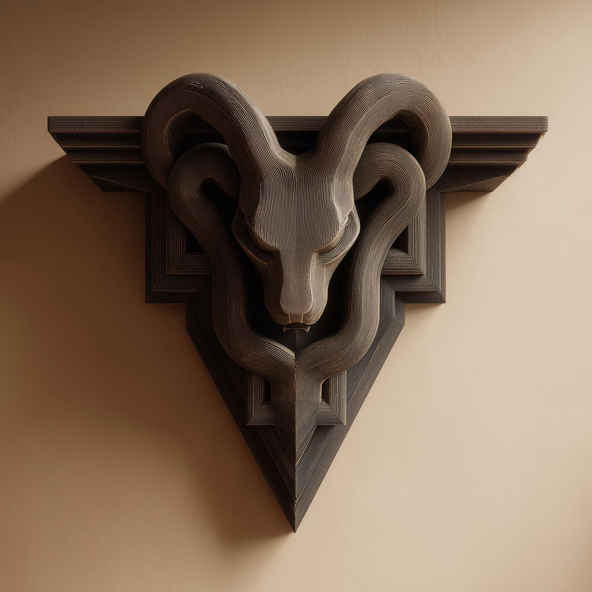 3D printed gothic wall shelf with a stylized ram head and sweeping horns forming a triangular wall sculpture in dark matte plastic.