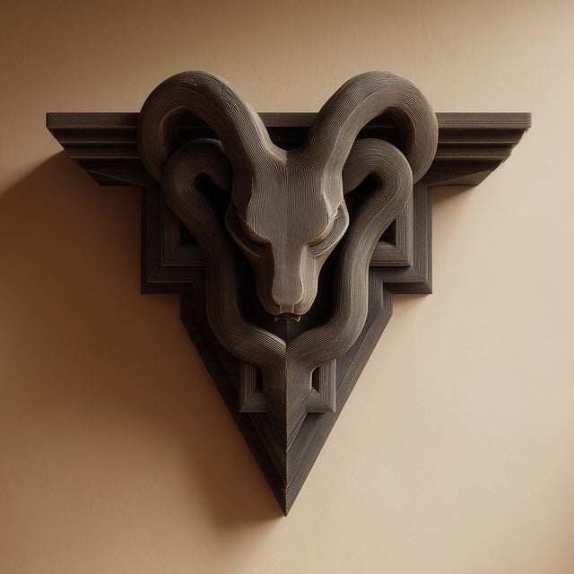 3D printed gothic wall shelf with a stylized ram head and sweeping horns forming a triangular wall sculpture in dark matte plastic.