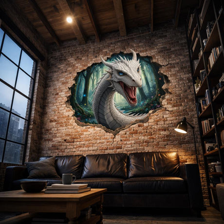 A majestic white dragon with striking blue eyes and detailed scales peers through a jagged circular hole in a wall, revealing a glowing green forest with misty trees and colorful flowers in the background.