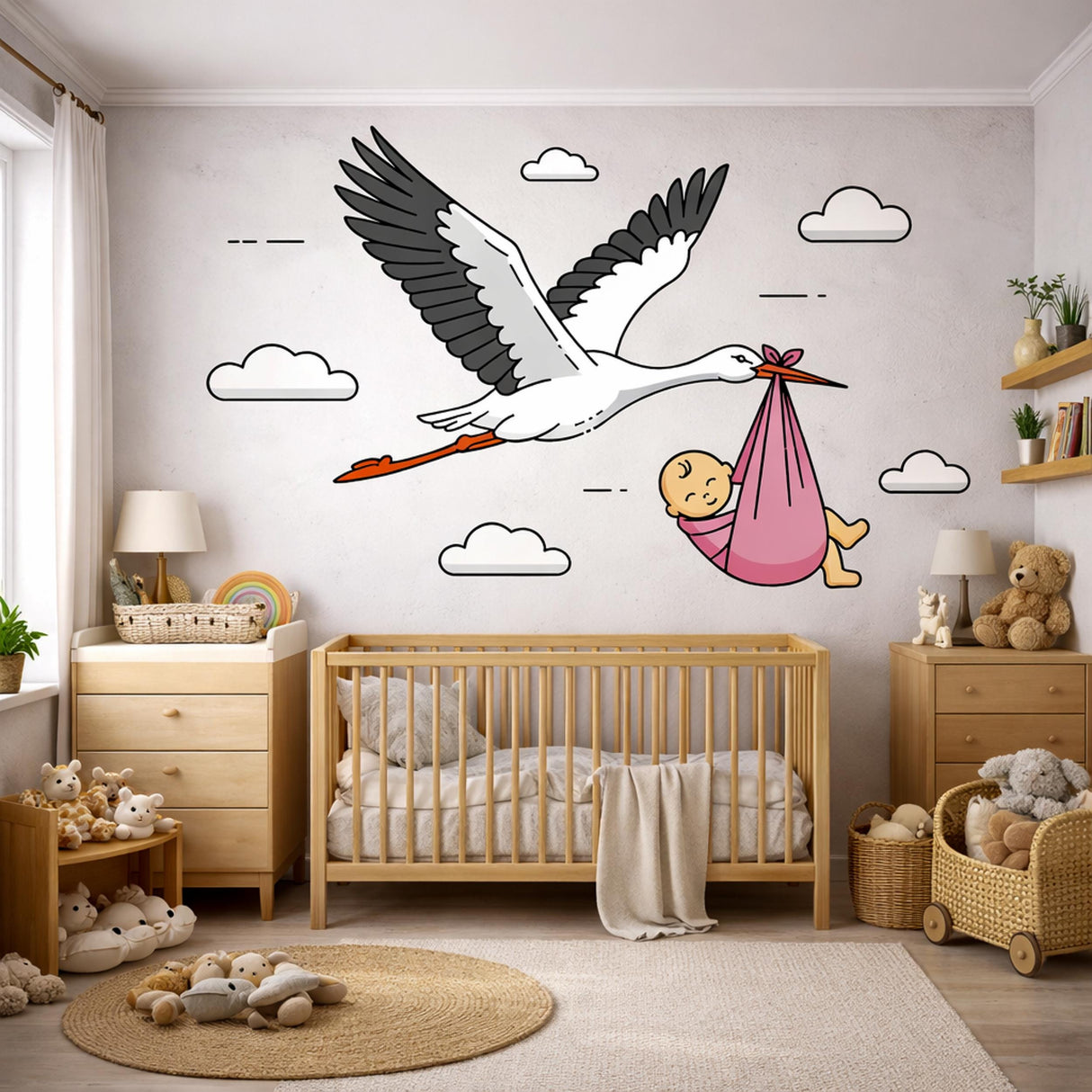 Stork Delivering Baby Girl | Nursery Wall Decal | New Baby Girl Gift | Baby Shower Decor | Flying Stork Art Print | Welcome Home Baby Girl