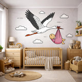 Stork Delivering Baby Girl | Nursery Wall Decal | New Baby Girl Gift | Baby Shower Decor | Flying Stork Art Print | Welcome Home Baby Girl
