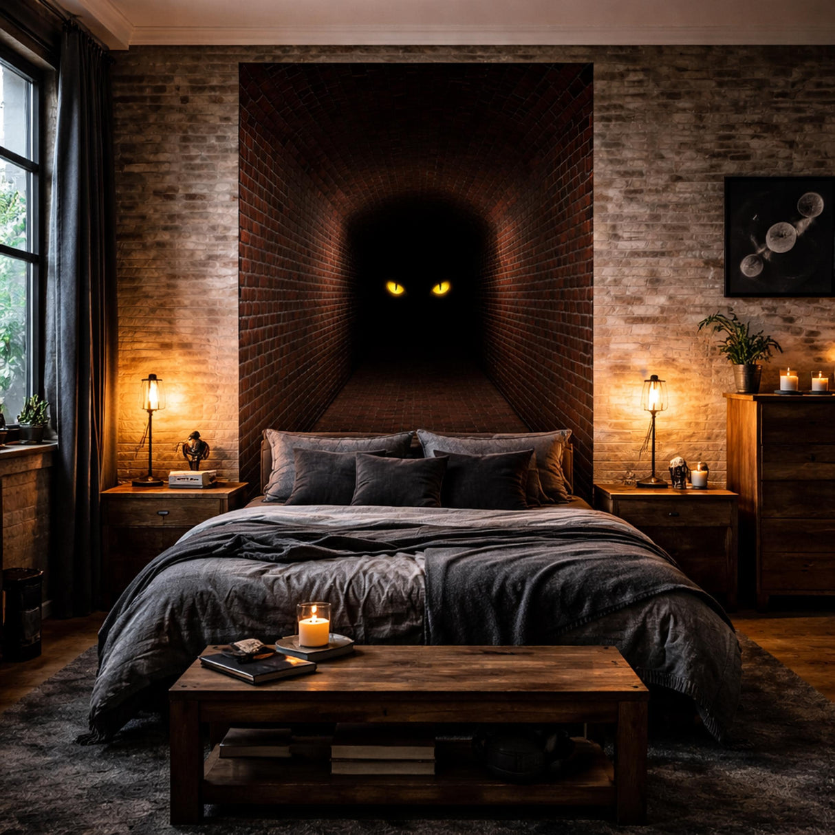 3D Mystery Tunnel Wall Decal | Dark Brick Hallway Mural | Spooky Eyes Door Wrap | Halloween Decor | Scary Monster Wall Art