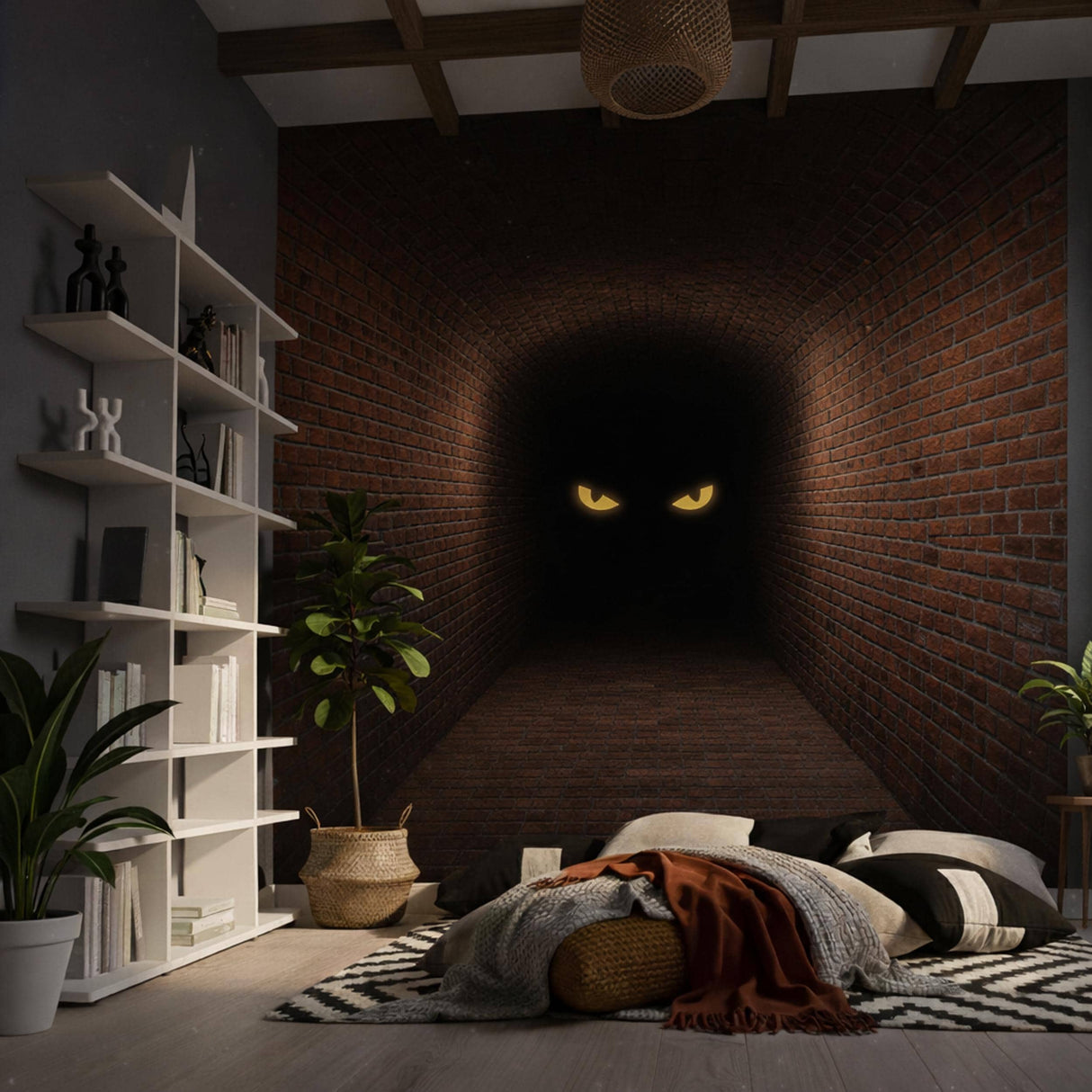 3D Mystery Tunnel Wall Decal | Dark Brick Hallway Mural | Spooky Eyes Door Wrap | Halloween Decor | Scary Monster Wall Art