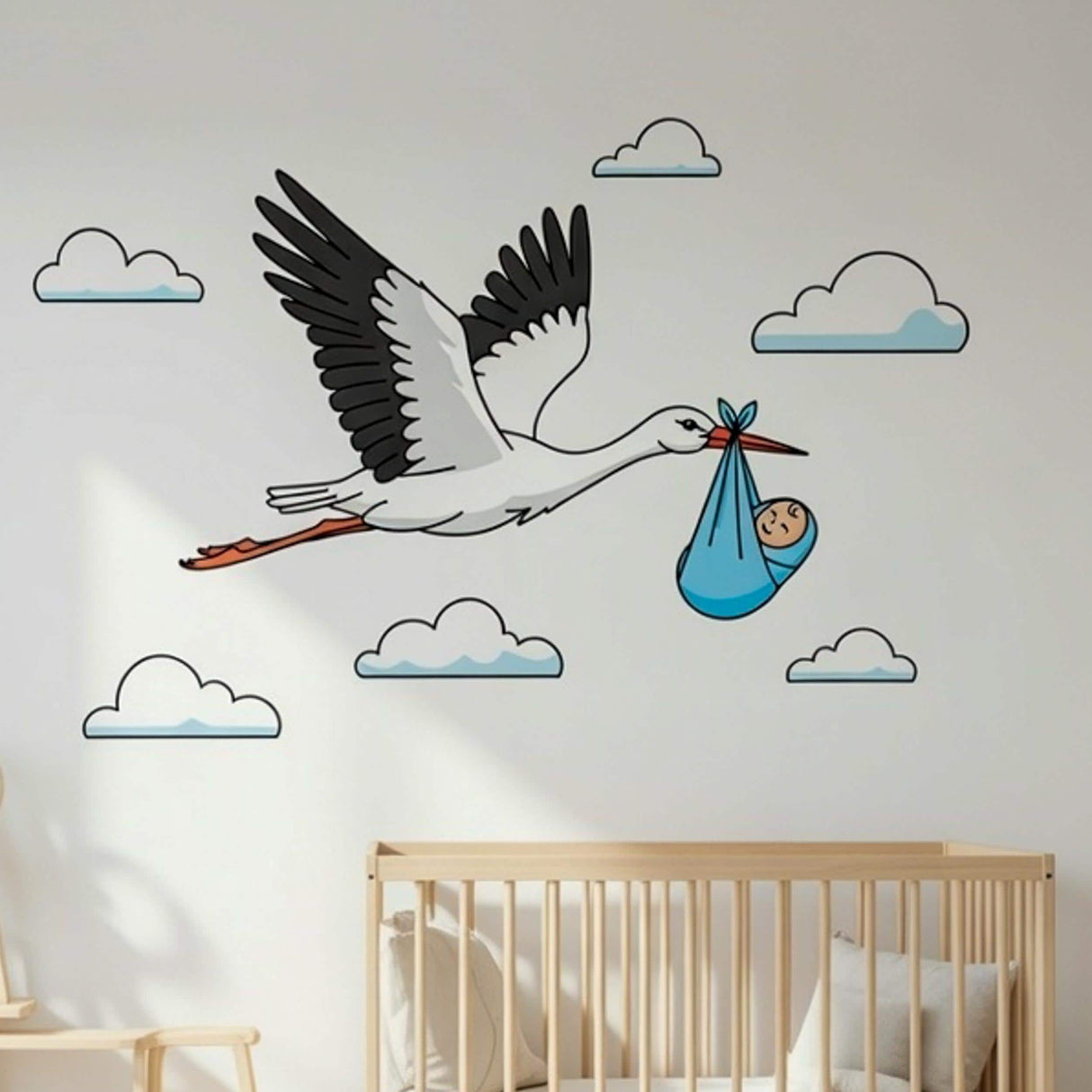 Stork Delivering Baby Boy | Nursery Wall Decal | New Baby Boy Gift | Baby Shower Decor | Flying Stork Art Print | Welcome Home Baby Boy