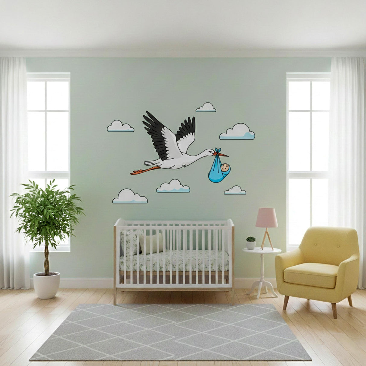 Stork Delivering Baby Boy | Nursery Wall Decal | New Baby Boy Gift | Baby Shower Decor | Flying Stork Art Print | Welcome Home Baby Boy
