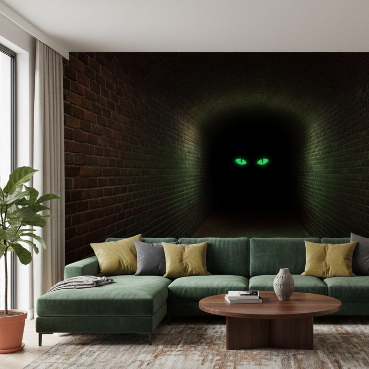3D Mystery Tunnel Wall Decal | Dark Brick Hallway Mural | Spooky Green Eyes Sticker | Halloween Decor | Scary Monster Wall Art