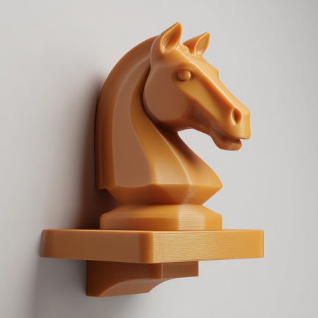 3D printed wall-mounted shelf featuring a chess knight horse head rising from a compact floating ledge, designed as strategy-themed wall decor.