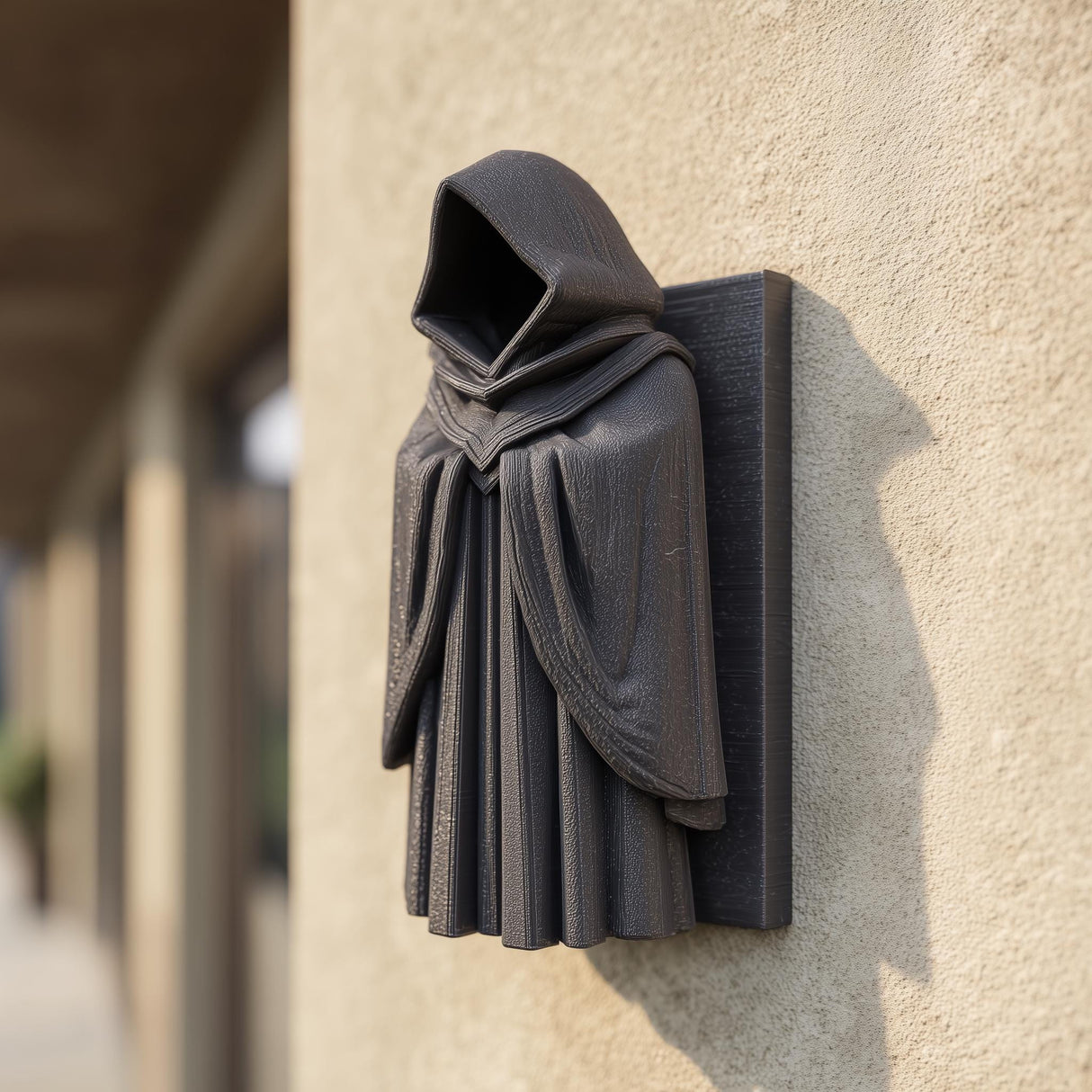 3D printed wall-mounted hooded figure with deep cloak folds and a faceless dark interior, designed as dark fantasy gothic wall decor.