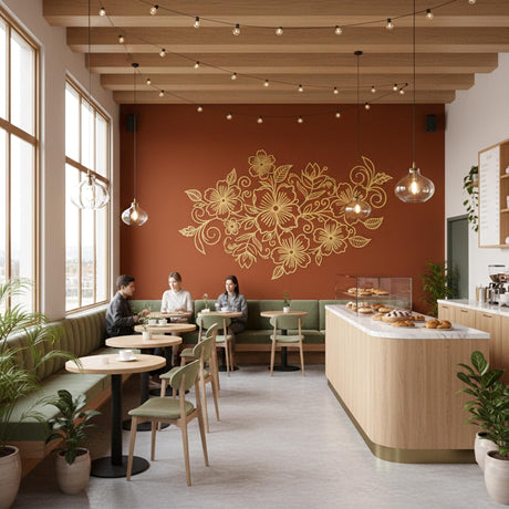 A minimalist golden-yellow line art illustration of several flowers and leaves on a plain white background. The design features one large central flower surrounded by smaller blossoms and curling vines, all rendered in thin, elegant gold-colored strokes.